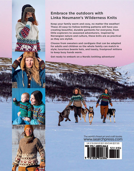 Book cover with images of people wearing knitwear in a snowy landscape, promoting Linka Neumann's Wilderness Knits.