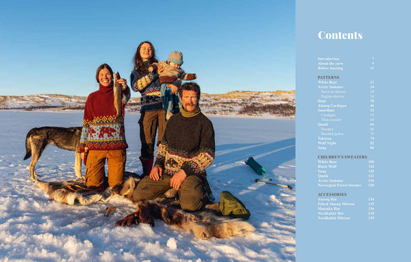 Family of four in winter clothing on a snowmobile with a dog, against a blue sky.