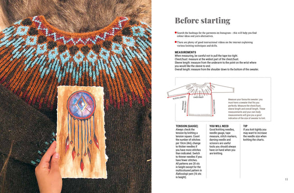 Knitted sweater with colorful pattern and a hand holding a fabric swatch with a dreamcatcher design.