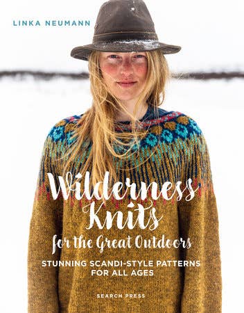 Book cover of 'Wilderness Knits for the Great Outdoors' featuring a person wearing a knitted sweater and hat.