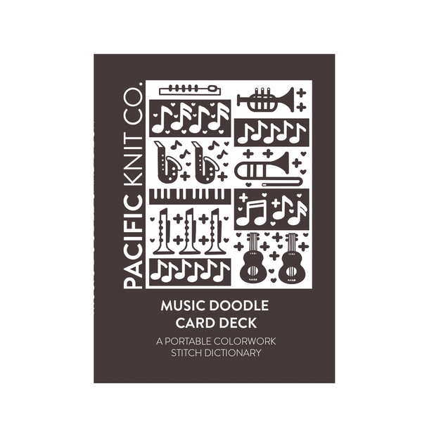 Music doodle card deck with Pacific Knit Co branding on a white background