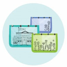 Two green bags with designs on a light blue circular background