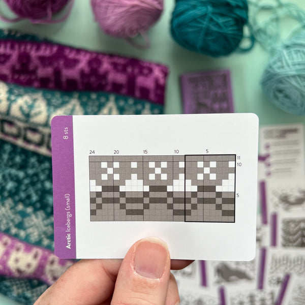 Hand holding a pattern card with yarn and fabric in the background