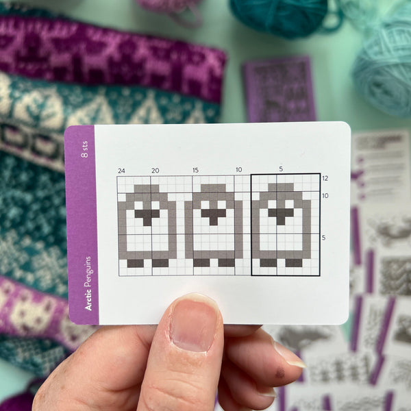 Card with knitting pattern held by a hand, surrounded by yarn and fabric