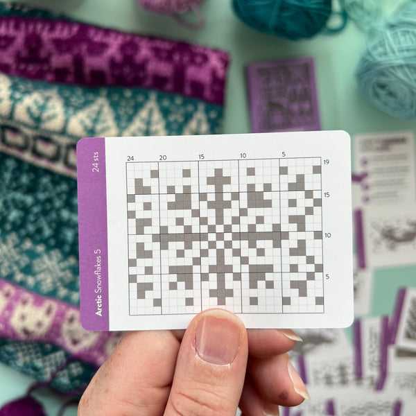 Hand holding a card with a knitting pattern, surrounded by yarn and fabric swatches.