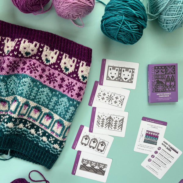 Knitted samples and yarn on a light green background with pattern swatches.